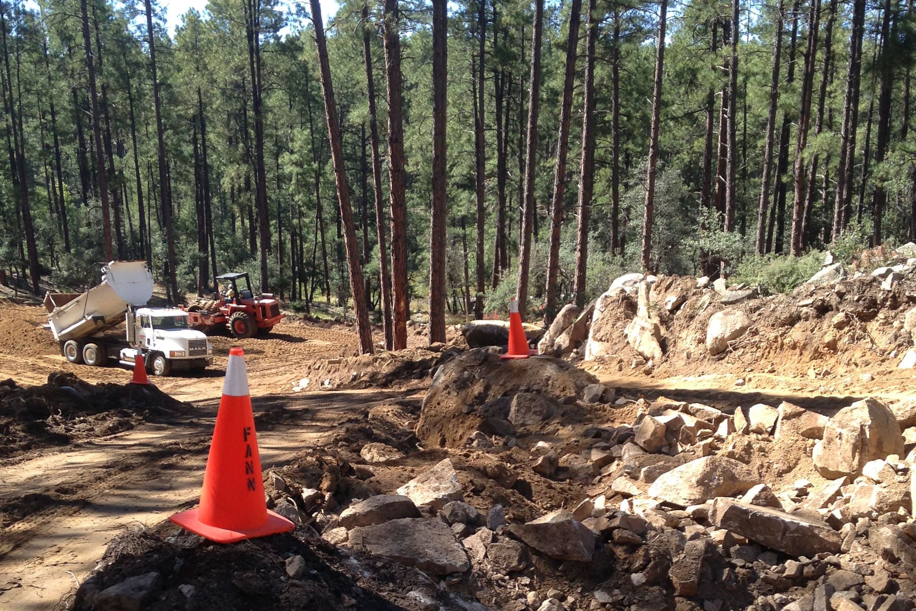 The Goldwater Lake Park Day Use Expansion Project in a forest with orange cones.